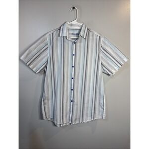 Tasso Elba Mens Striped‎ Short Sleeve Button Up Shirt Blue White Gray Size XL